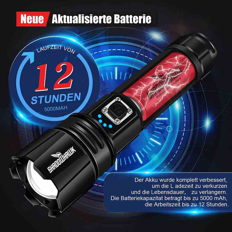 Kapesní svítilna LED Cree XHP70.2, 10000 lumenů, extrémně jasná kapesní svítilna, nabíjení pomocí USB, taktické kapesní svítilny s pouzdrem